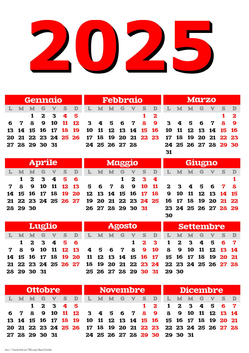 Calendario 2025 - Rosso Classico - Modello 0025