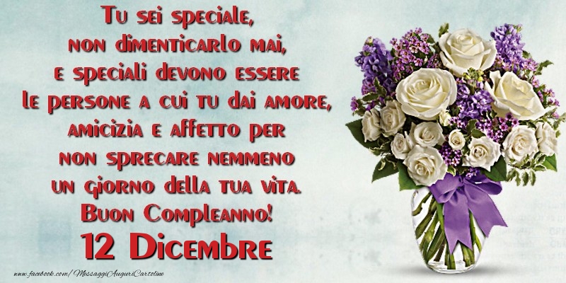 Cartoline di 12 Dicembre - Tu sei speciale, non dimenticarlo mai, e speciali devono essere le persone a cui tu dai amore, amicizia e affetto per non sprecare nemmeno un giorno della tua vita. Buon Compleanno!  Dicembre 12