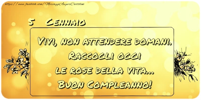 Cartoline di 5 Gennaio - Gennaio 5 Vivi, non attendere domani. Raccogli oggi le rose della vita… buon compleanno!