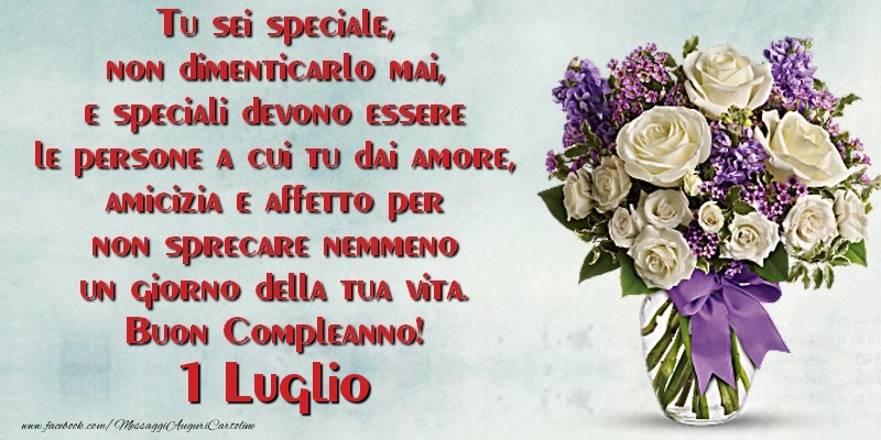 Cartoline di 1 Luglio - Tu sei speciale, non dimenticarlo mai, e speciali devono essere le persone a cui tu dai amore, amicizia e affetto per non sprecare nemmeno un giorno della tua vita. Buon Compleanno!  Luglio 1