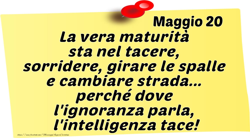 Maggio 20 La vera maturità sta nel tacere, sorridere, girare le spalle e cambiare strada... perché dove l'ignoranza parla, l'intelligenza tace!