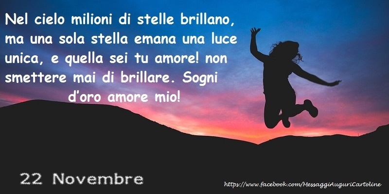 22 Novembre - Nel cielo milioni di stelle brillano, ma una sola stella emana una luce unica, e quella sei tu amore! non smettere mai di brillare. Sogni d’oro amore mio!