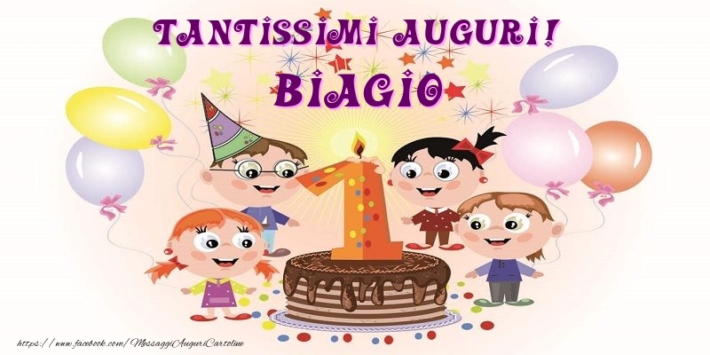 Cartoline per bambini - Animazione & Palloncini & Torta | Tantissimi Auguri! Biagio