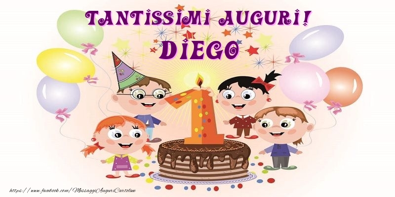  Cartoline per bambini - Animazione & Palloncini & Torta | Tantissimi Auguri! Diego