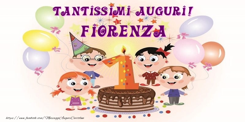 Cartoline per bambini - Animazione & Palloncini & Torta | Tantissimi Auguri! Fiorenza