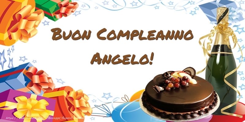  Cartoline di compleanno - Champagne & Regalo & Torta | Buon Compleanno Angelo!