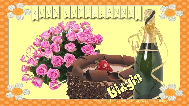 Cartoline di compleanno - Champagne & Mazzo Di Fiori & Rose | Buon compleanno Biagio