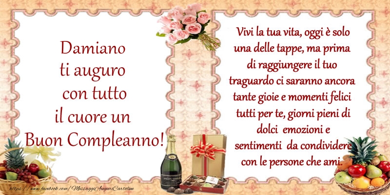  Cartoline di compleanno - Champagne & Mazzo Di Fiori | Damiano ti auguro con tutto il cuore un Buon Compleanno!