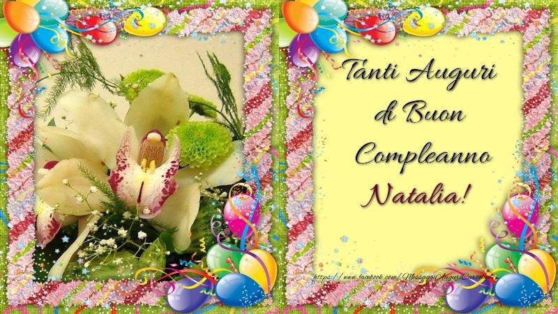 Cartoline di compleanno - Champagne & Mazzo Di Fiori & Palloncini | Tanti Auguri di Buon Compleanno, Natalia