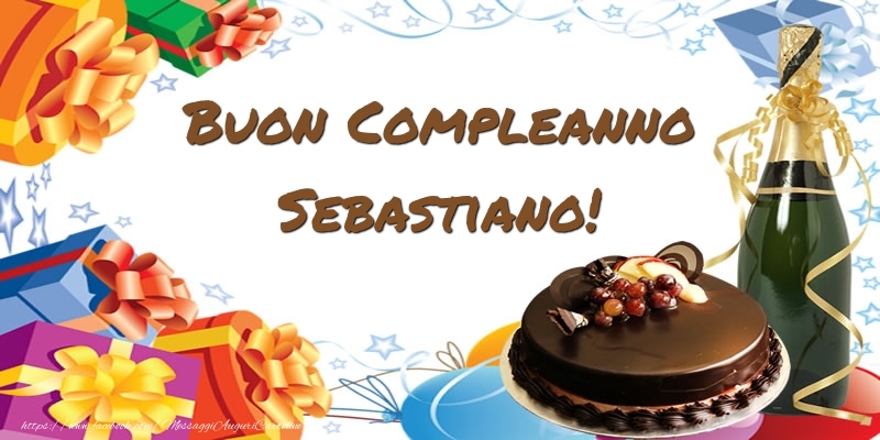 Cartoline di compleanno - Champagne & Regalo & Torta | Buon Compleanno Sebastiano!
