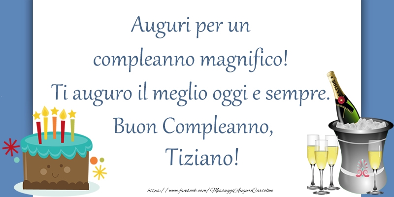  Cartoline di compleanno - Champagne & Torta | Auguri per un compleanno magnifico! Ti auguro il meglio oggi e sempre. Buon Compleanno, Tiziano!